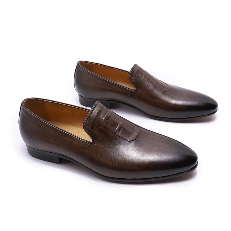Fashion 2025 New Men Dress Shoes Loafers Hand Painted Brown Leather Casual Shoes for Men Luxury Suit Formal Genuine Leather Dress Shoes