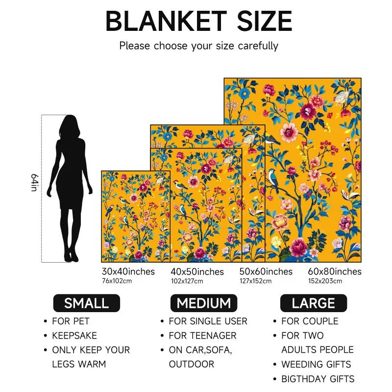 Yellow Floral Tree With Birds Art Print Fleece Blanket Boho Style Soft Warm Throw Interior Decoration Bedding Cover For Home