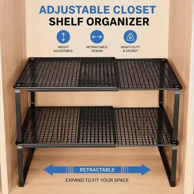 Heavy‑Duty Adjustable Closet Shelf Organizer Height‑Adjustable Storage Rack Retractable Expandable Space‑Saving Cabinet Shelf