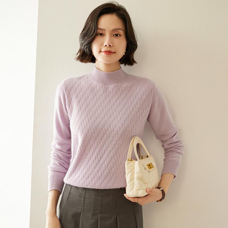 Cashmere Sweater for Women In Autumn and Winter Updated Style for Back-neck Half High Neck Relaxed Fit Long Sleeve Jacquard Base Sweater