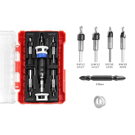 Countersink Drill Bits Set with Adjustable Aluminum Depth Five Dual-Flute Bits TCT Alloy Hole Drill Bits Kit with Wrench Storage Case