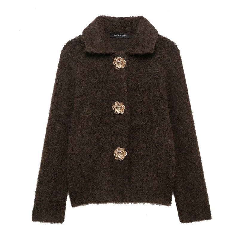 Kaslead New Arrival Women's Clothing Fashion Style Fashion All-Match Flower Shape Decorated Row Button Knitting Outwear 9598175