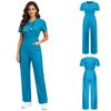 Women Scrubs Rompers Short Sleeve Front Big Patch Pockets Back Zipper Straight Wide Leg Jumpsuit Workwear for Doctor Nurse Medical Staff