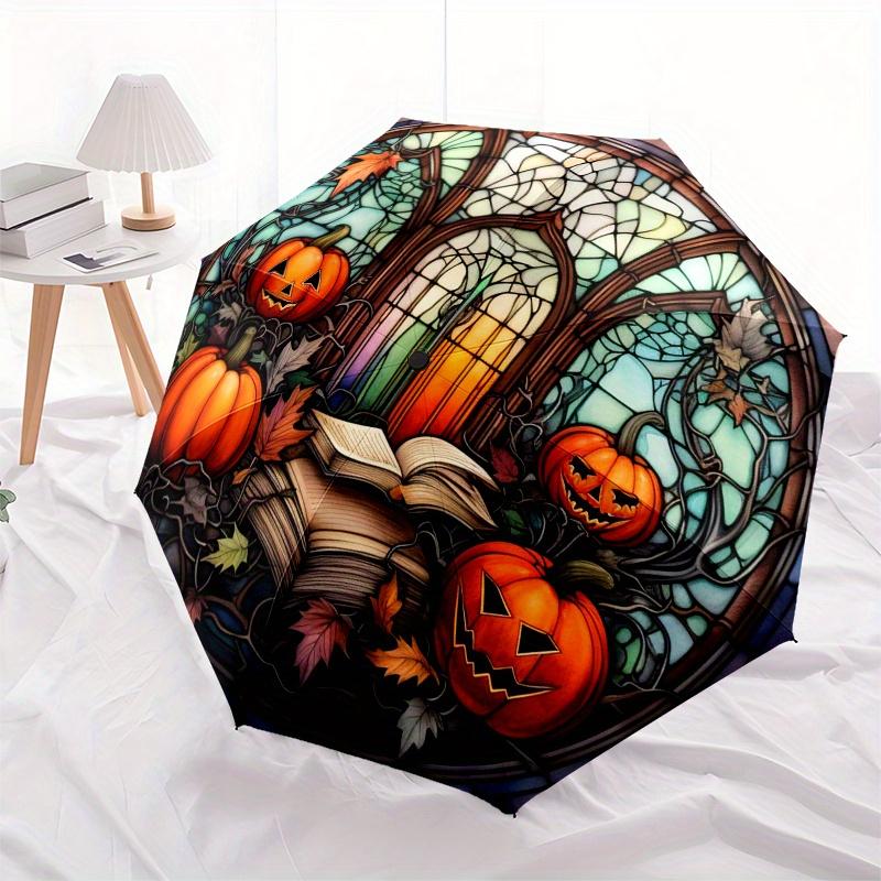 Halloween Stained Window Panel with Pumpkins and BooksUmbrella, Portable 3-Fold Compact Umbrella,Christmas Gift ES464