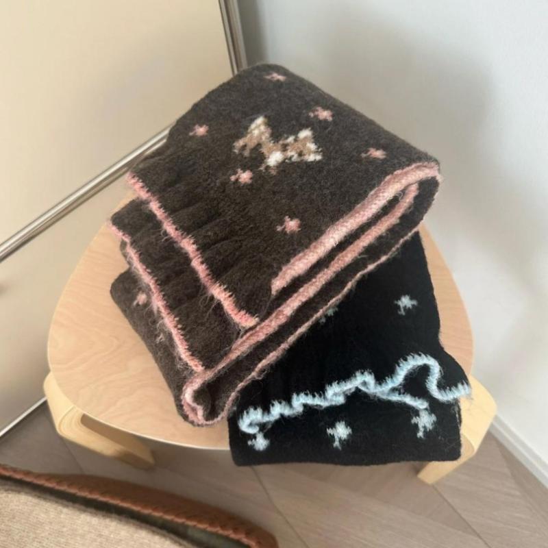 Ladies' Scarves Korean Cartoon Deer Floral Kawaii Sweet Versatile Cute Scarfs Thicked Warm High-Quality Cashmere Knitted Scarfs