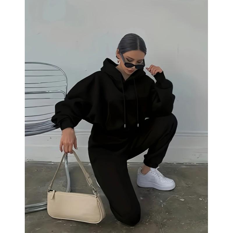 Women's Fall Solid-Color Casual Sports Set: Cropped Hooded Sweatshirt + Sweatpants—Simple Two-Piece Set