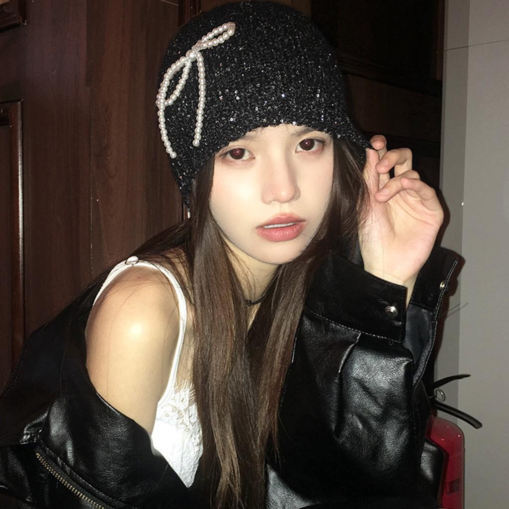Pearl Bows Knitted Hat Elegant Ladies Hat Comfortable Soft Hat Shiny Glitter Hat for Men and Women