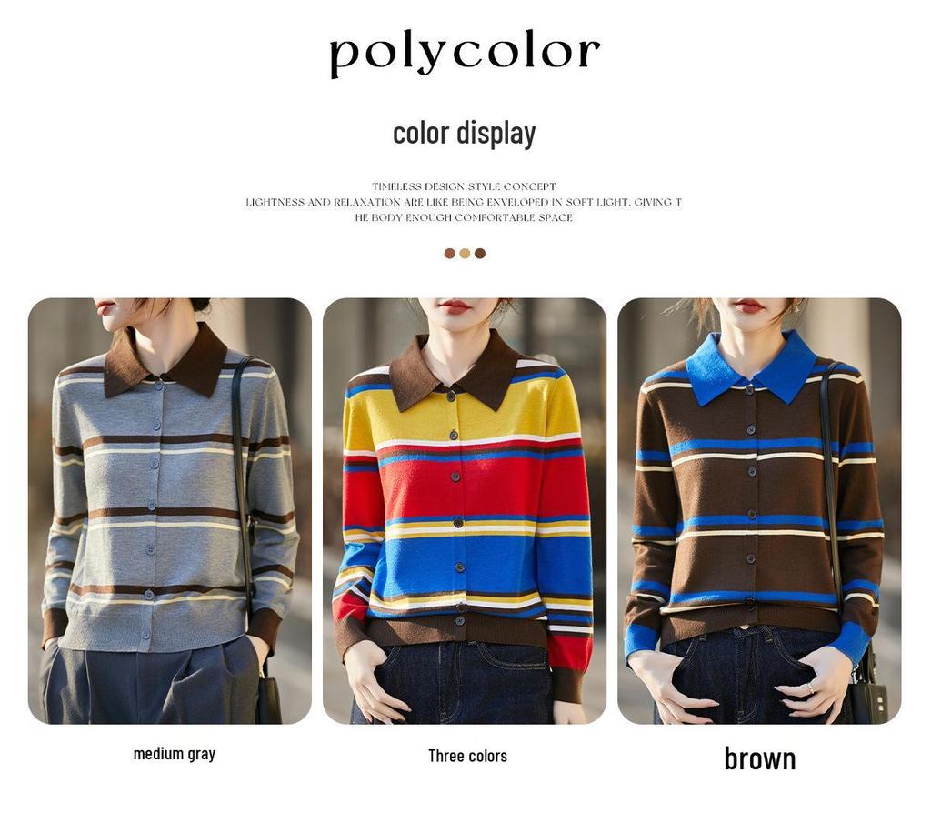 Women's Retro Color Block Striped Polo Knit Cardigan - Long Sleeve, Soft Fluffy Sweater Coat, Age-Reducing Knitwear