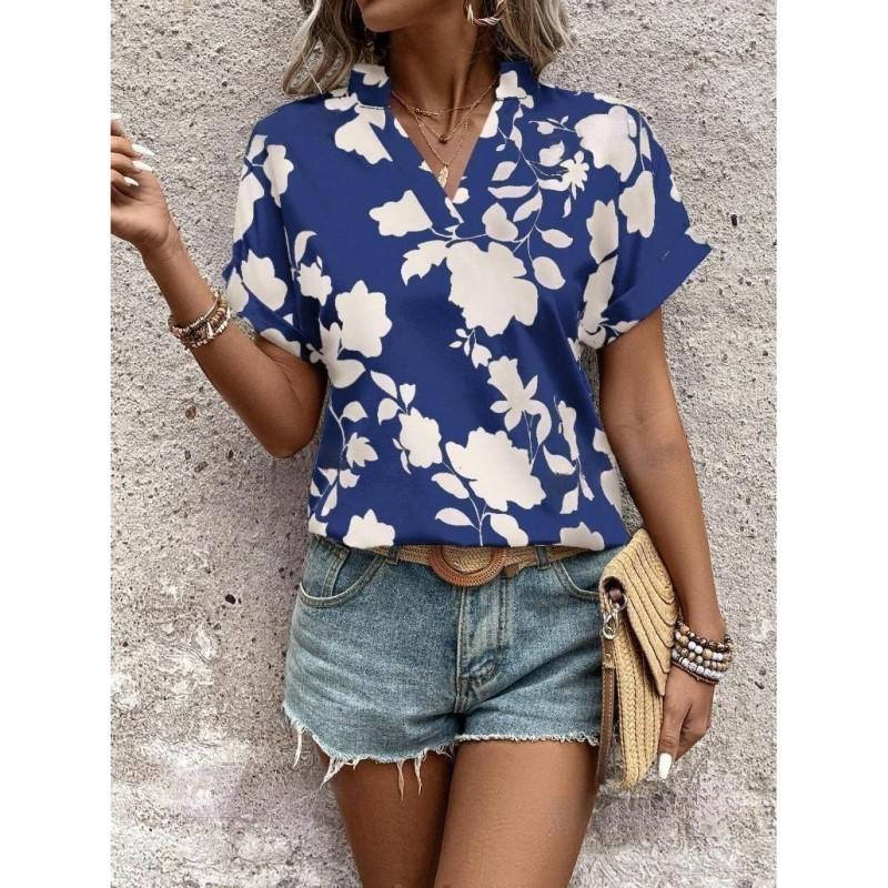 Fashion Floral Women's Shirt V-neck Bat Sleeve Shirt Casual Loose Fitting Shirt