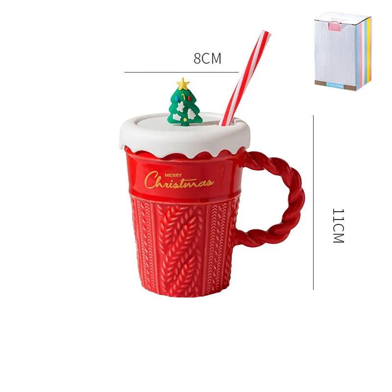 

Креативная рождественская кружка Рождественская елка Керамическая кружка для воды Высокий внешний вид Горизонтальная керамическая чашка с крышкой и соломинкой С ручкой Подарок YLE035 Red