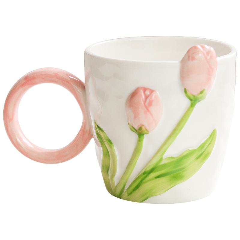 Ins High Value Tulip Mug Niche Design Sense Ceramic Cup for Girls Drinking Water Cup Coffee Cup for Home Use