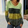 Women's Color Blocked Casual Fashion Long Sleeved V-neck T-shirt Top