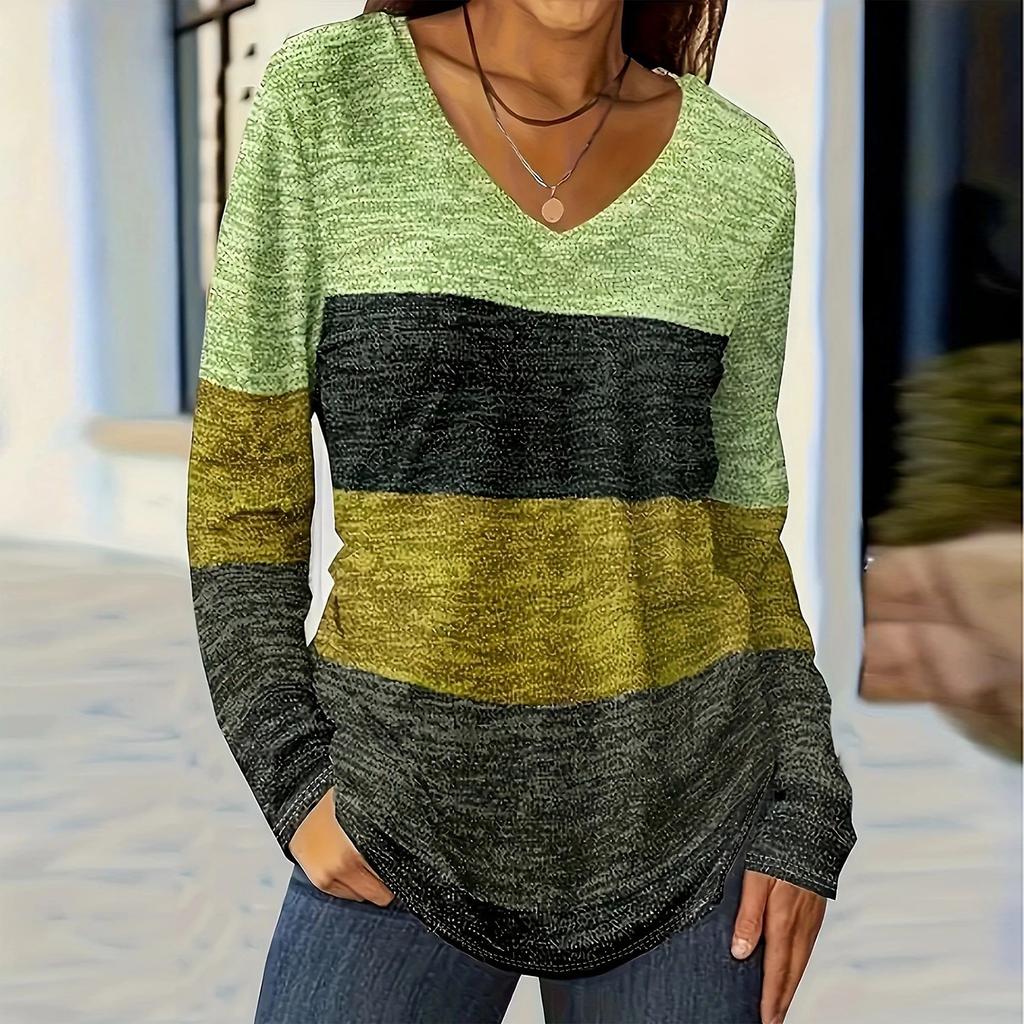 Women's Color Blocked Casual Fashion Long Sleeved V-neck T-shirt Top