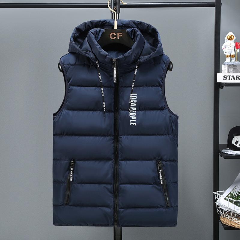 

Осенне-зимний мужской хлопковый жилет с капюшоном, мужской свободный утолщенный жилет, трендовая красивая рабочая хлопковая куртка 4XL темно-синий