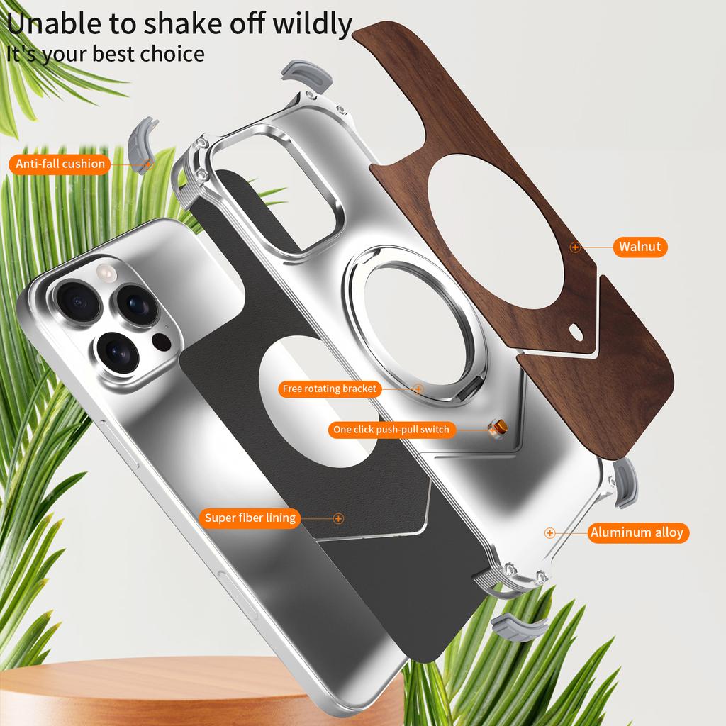 For iPhone 16 Pro Max Magnetic Case Wood + Metal Boardless Phone Back Cover with Ring Kickstand