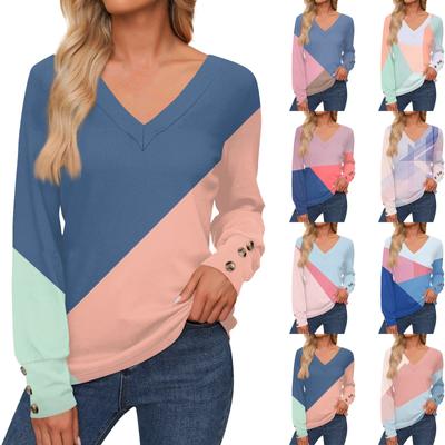 Women's Casual Fashion Splicing Color Long Sleeve Cuffs Button Shirt V Neck Casual Loose T-Shirt Autumn Clothing