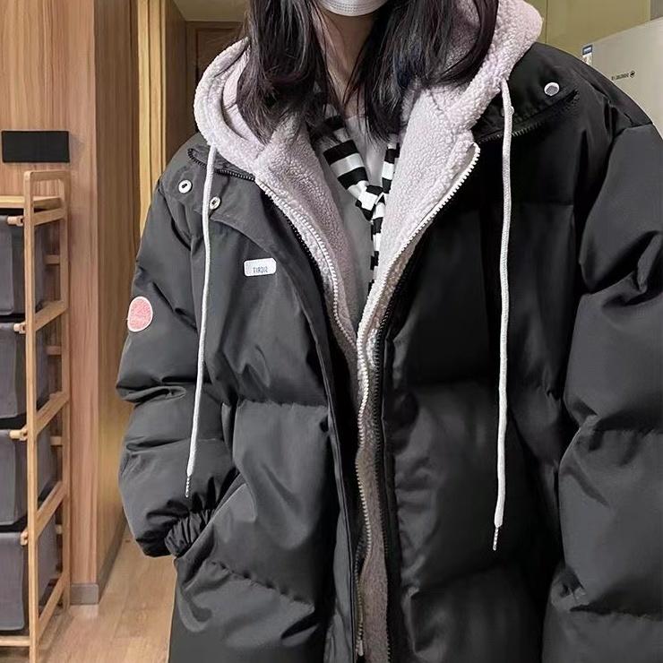 Modischer mittellanger Baumwollmantel mit Kapuze für Damen, verdickt mit Farbblock, neuer Winterstil für Studenten, warme Jacke