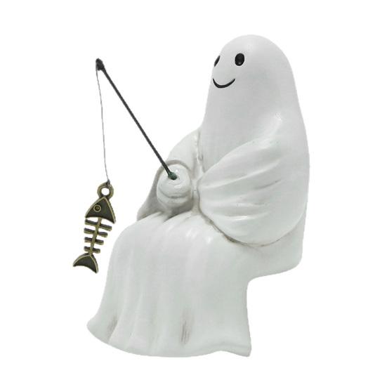 Halloween Sculpture Synthetic Resin Skeleton Fisherman Statue Mini Ghost Fishing Pond Garden Decoration
