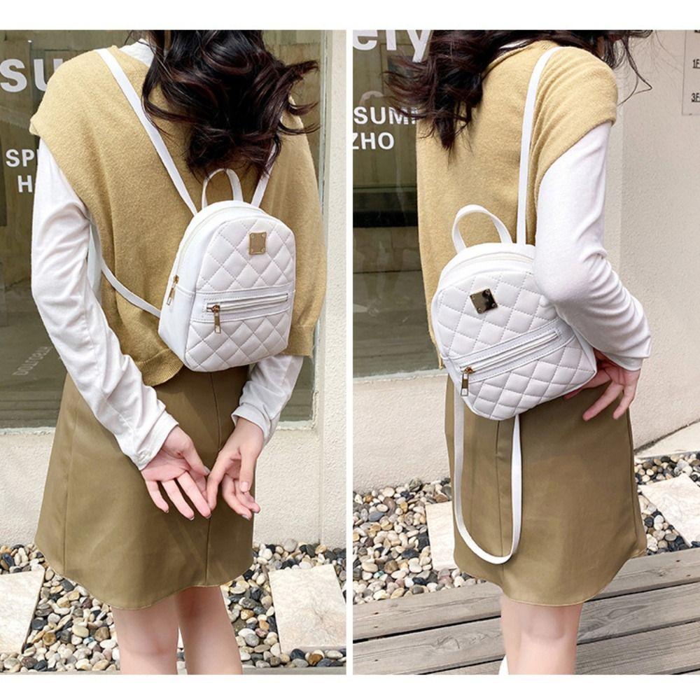 Mini Lingge Embroidery Small Backpack Fashion Solid Color Zipper Women Shoulder Bag Large Capacity PU Leather Travel Rucksack