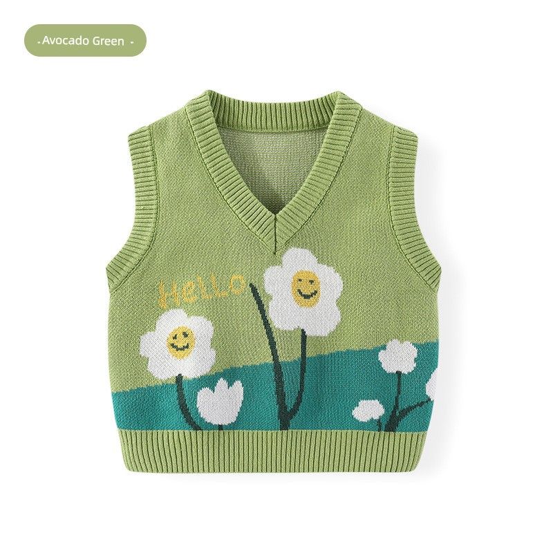 Children's Clothing Spring and Autumn Kids Flower Jacquard Vest Girl's Waistcoat V-neck Sweater Female Baby Girl Pullover Sweater