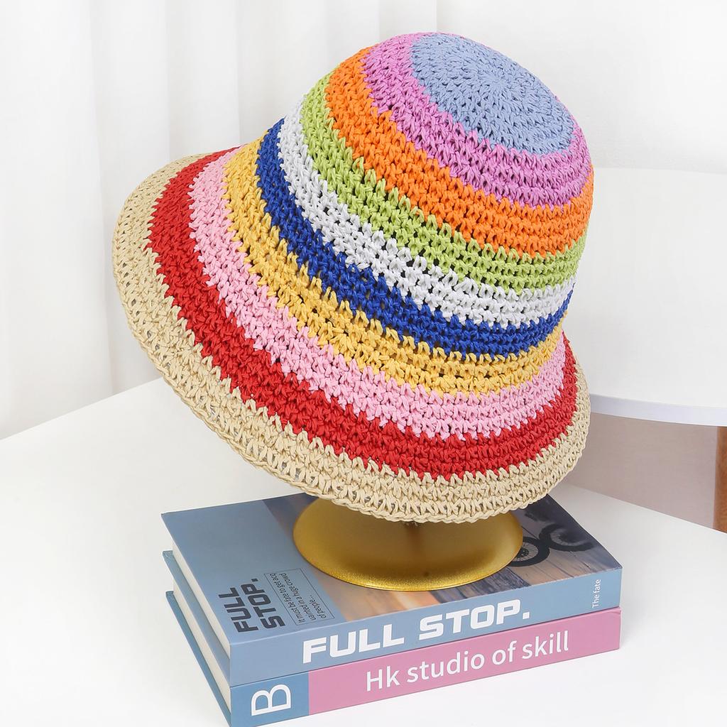 Unisex Summer Paper Sun Bucket Hat Checked Rainbow Gradient Silk Screen Printed Beach Vacation Ribbon