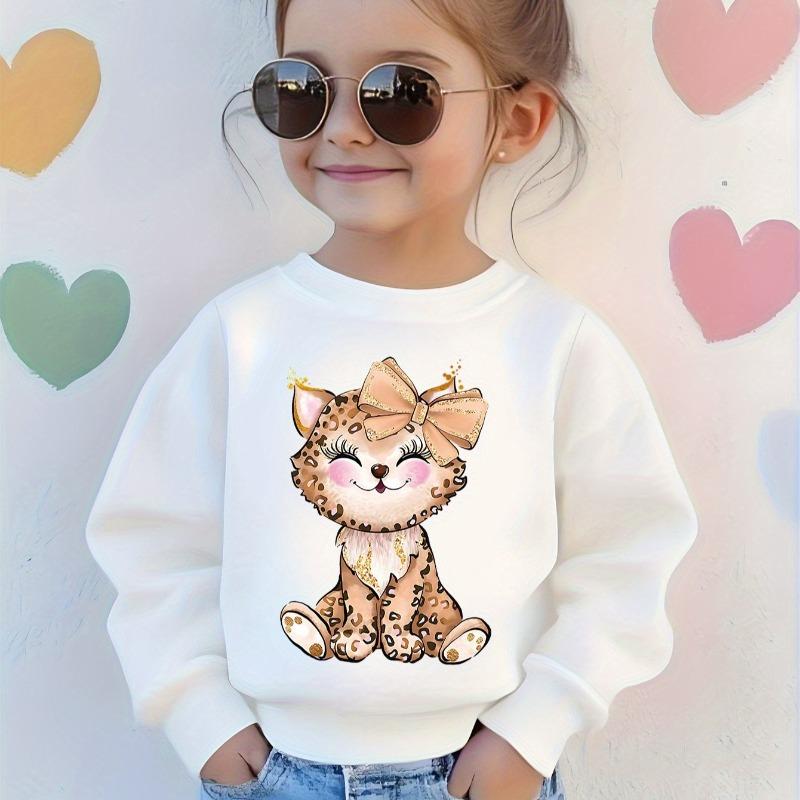 Kids Crewneck Long Sleeve Sweatshirt, Golden Bow Leopard Cute Cartoon Cat Print