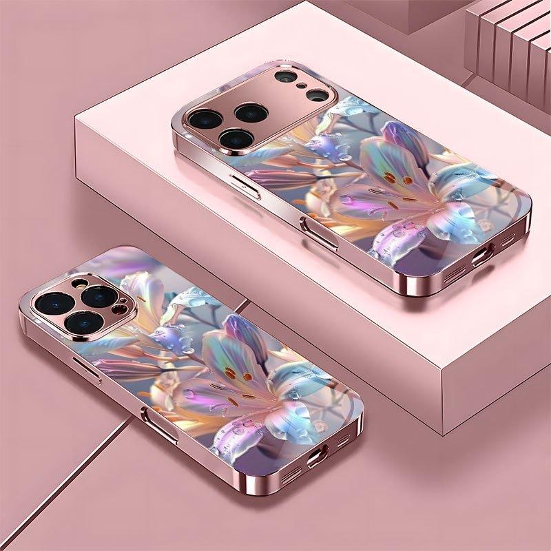 Colorful Lily Pattern Metallic Tempered Glass Phone Case For iPhone 17 16 15 14 13 12 11 Pro Max 15 Plus 17 Air 17E Cover