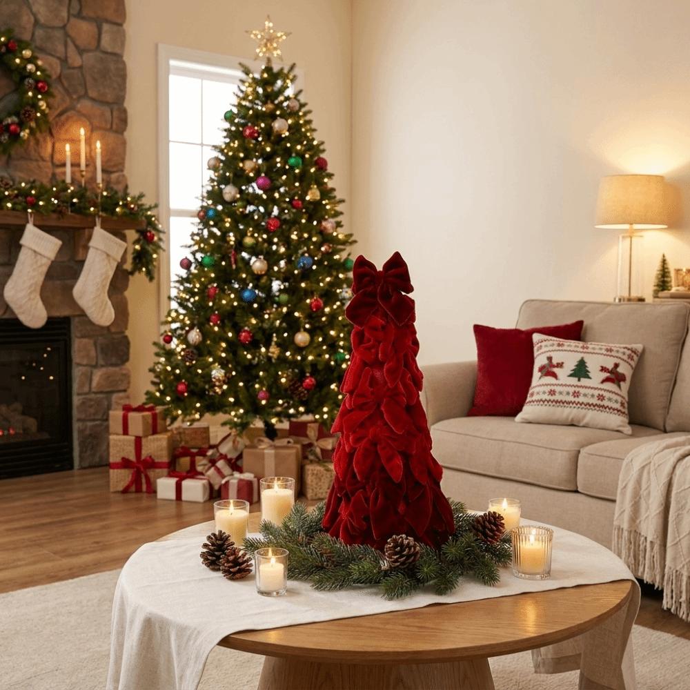 Soft Bow Tree Tower Handmade Craft Holiday Tabletop Decoration Velvet Bow Christmas Tree  Party