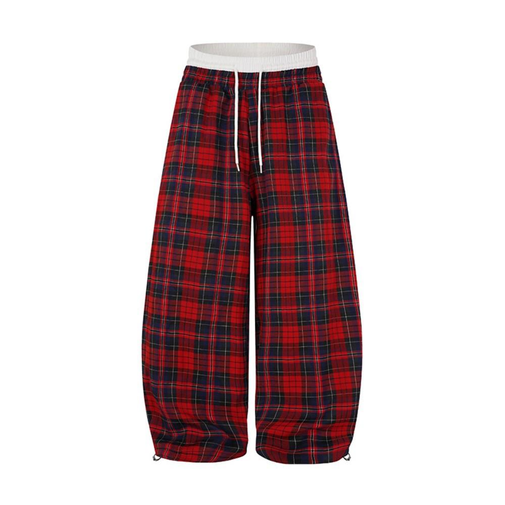 Amerikanischer Retro-Lässiger Stil Kordelzug Rote Karohose Frühling und Herbst Neue lockere Weitbeinige Hosen für Herren und Damen