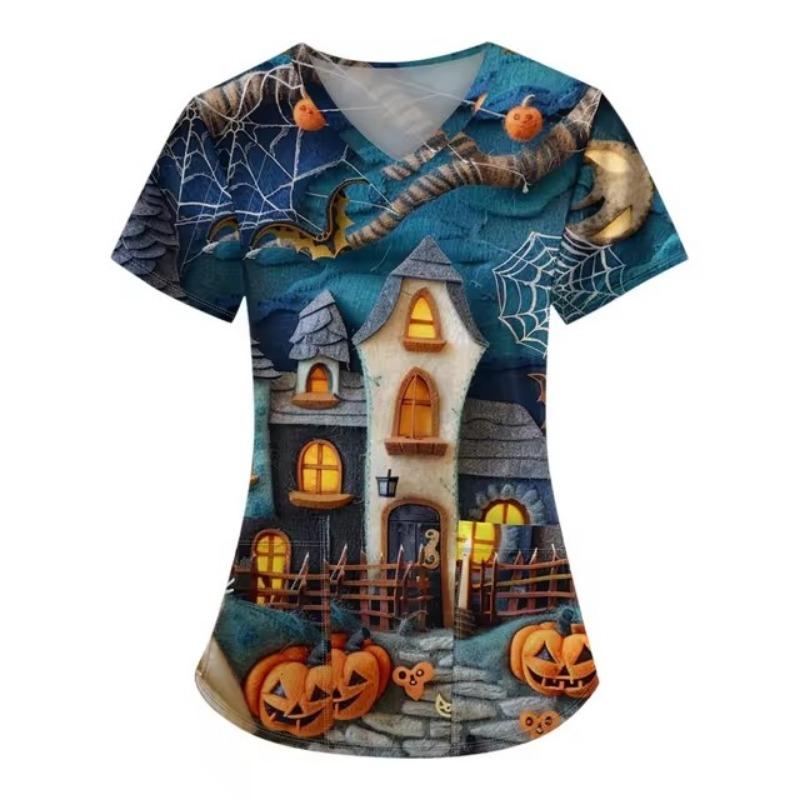 V-образный вырез рабочая больничная форма Хэллоуин хирургическая рубашка принт плюс — фото 4