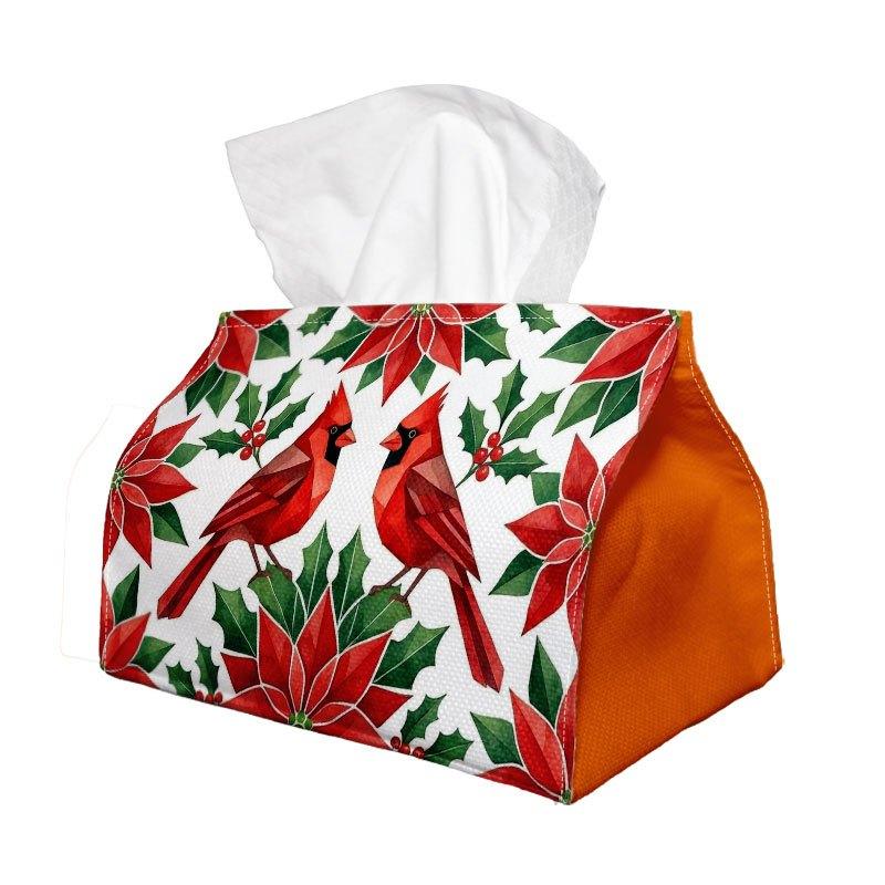 2D Flat 1pc Realistic Christmas Wildlife Tissue Box - Red Cardinal & Poinsettia Print Durable Fabric for Home, Office, Car, Party - Space-Saving Napki