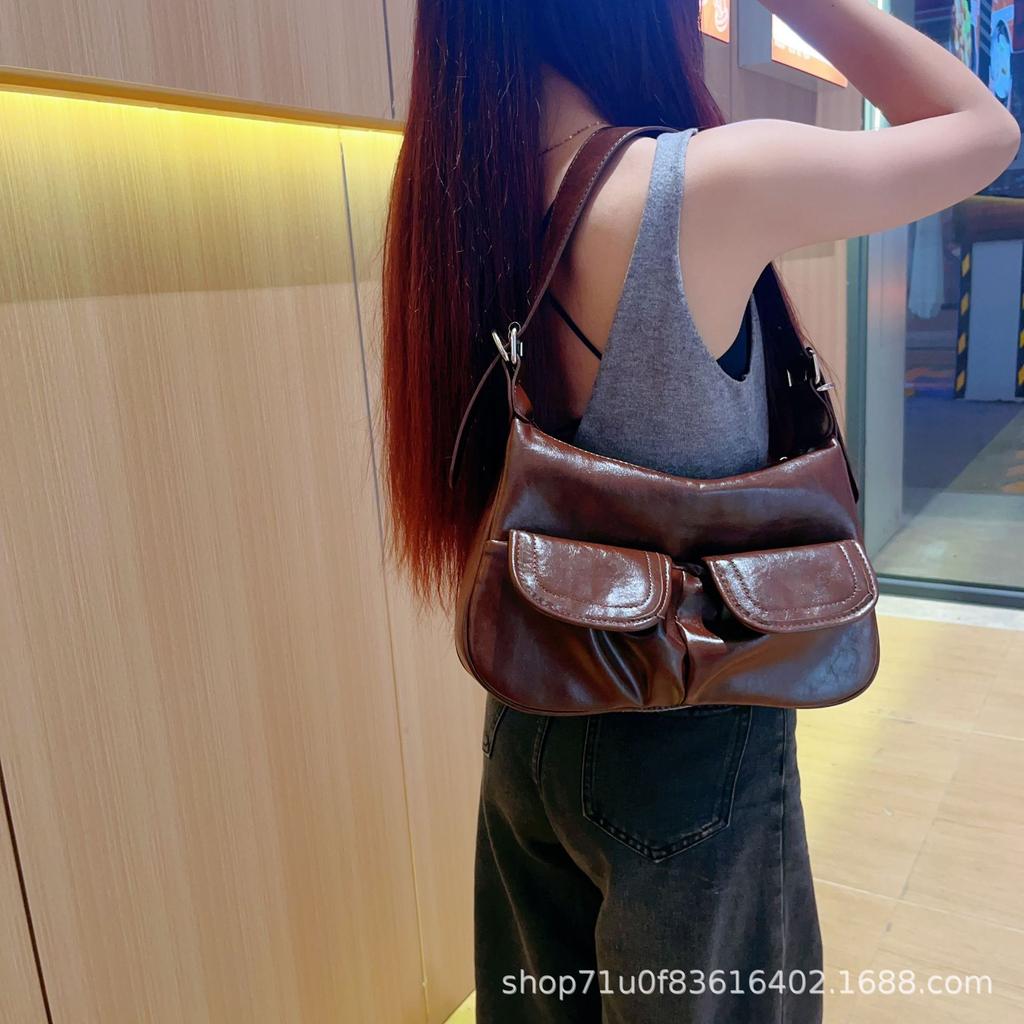 Vintage Double Pocket Underarm Bag Women'S Niche Design Sense Y2K Commuter Bag Shoulder Messenger Bag