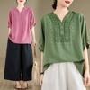 Summer Cotton Linen Art Retro Ethnic Style Heavy Embroidery Simple Top T-shirt for Women