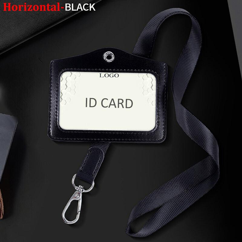 Formal Business ID Badge Holder Durable Real Leather Work Chest Card Pouch with Lanyard Simple Classic Black Stationery