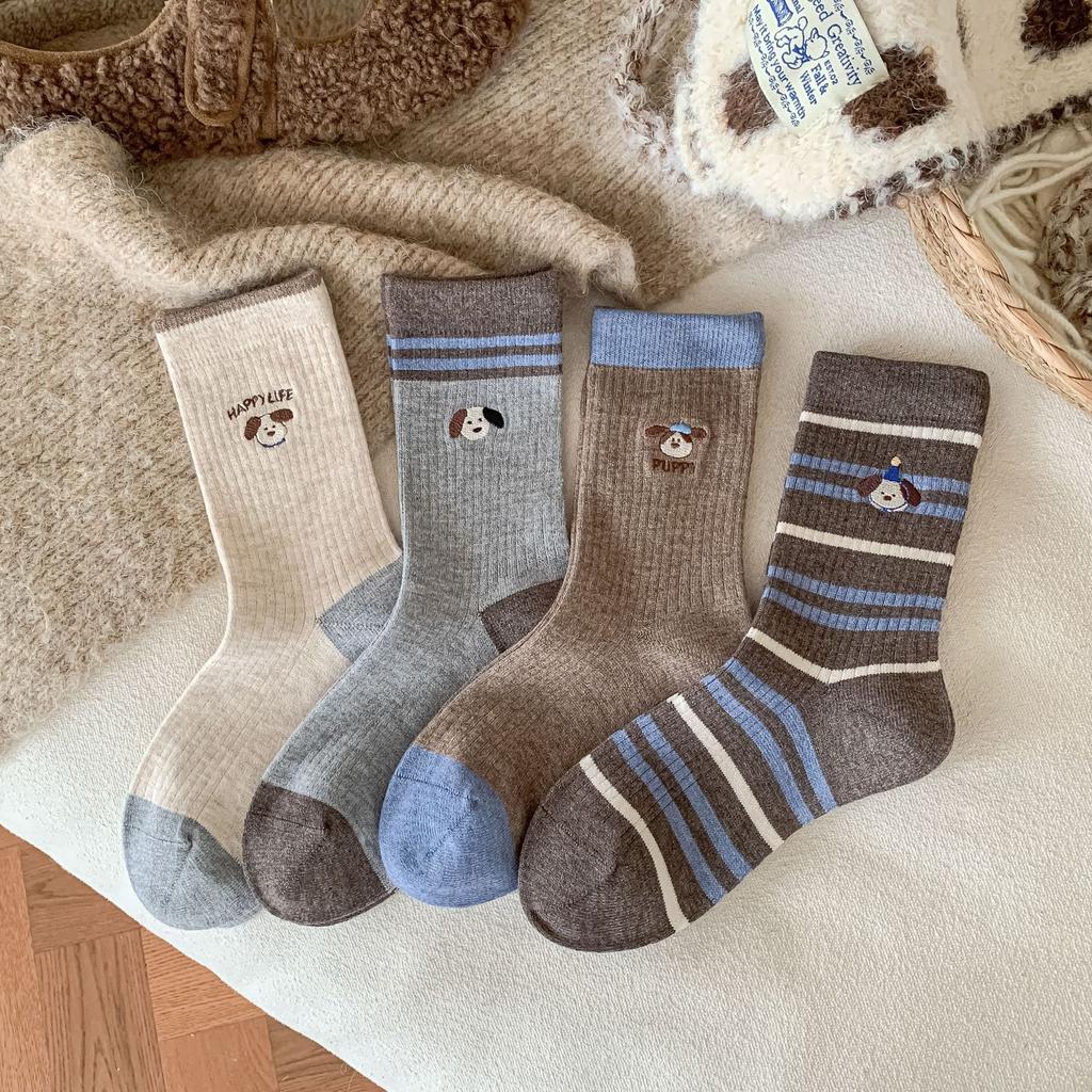 Female Autumn Winter Thickened Warm Cartoon Embroidered Wool Medium Tube Pile Socks