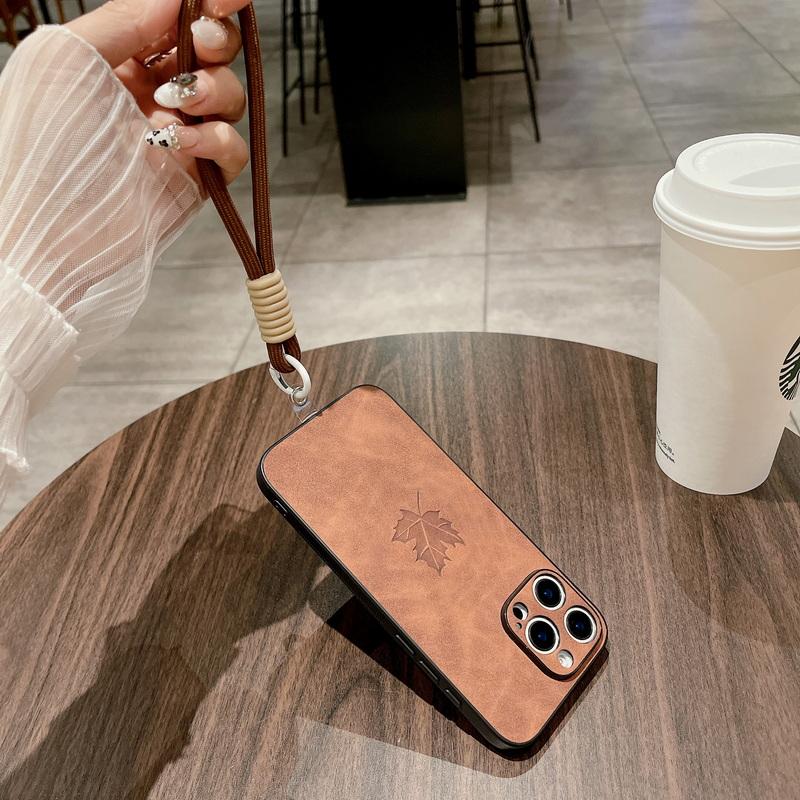 Kryt na telefon s motivem javorového listu, měkký, s šňůrkou, pro iPhone 16 Plus 15 Pro 14 Pro Max 13 12 11, jednobarevný, kožený, nárazuvzdorný, tenký, matný zadní kryt