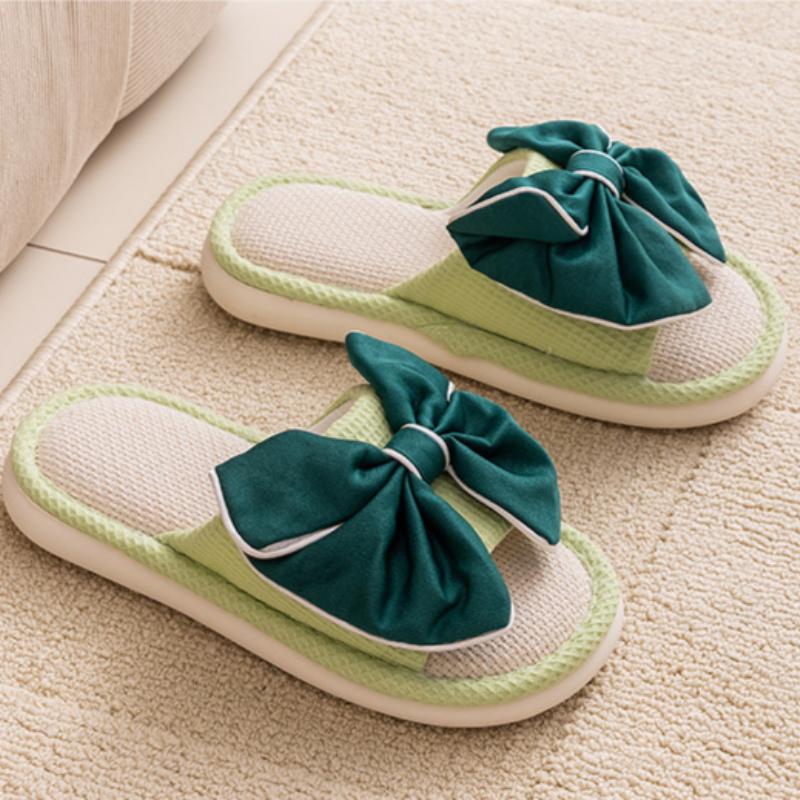 Butterfly knot linen slippers indoor cool slippers contrasting colors, simple fabric cotton linen slippers