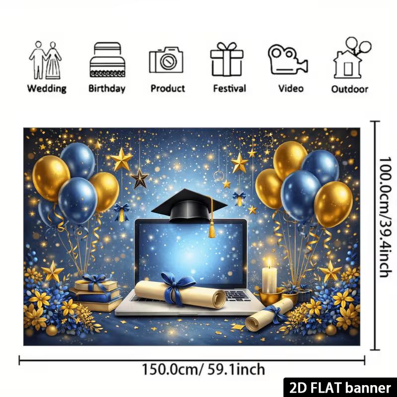 Sfondo di Laurea Stampa Piatta 2D, Striscione per Festa con Laptop e Diploma