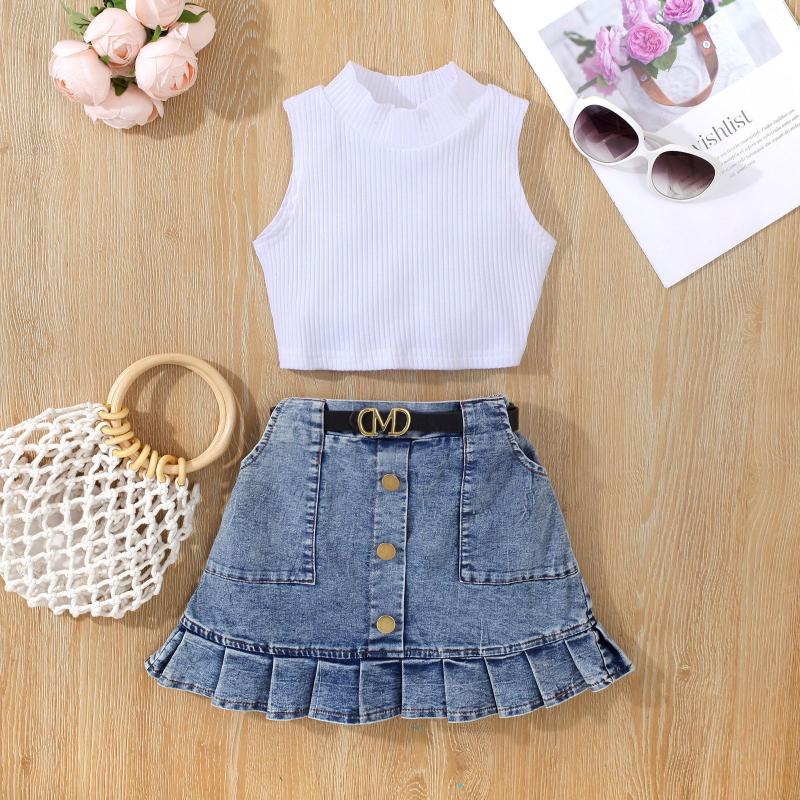 Girls' Fashion Set, Summer Children's Casual Solid-color Sleeveless Top, Denim Pleated Skirt Set, Belt