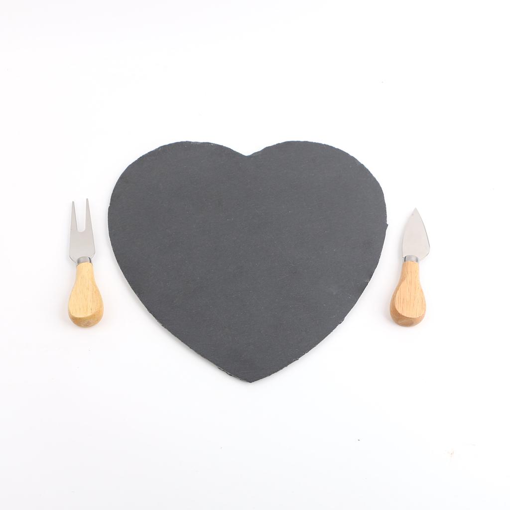 Eco-Friendly Natural Slate Heart Shape Cheese Cutting Board with Fork and Cheese Cutter AccessoriesIdeal for Cutting Foods
