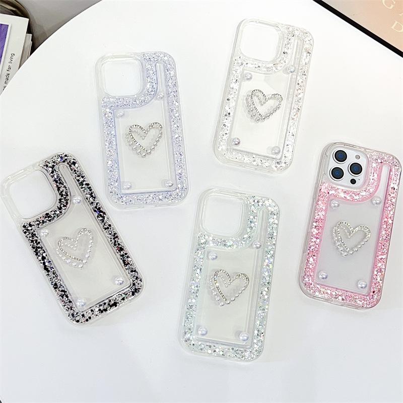 Heart-Shaped Glitter Rhinestone Transparent iPhone 16 Case, Compatible with Models 11-15
