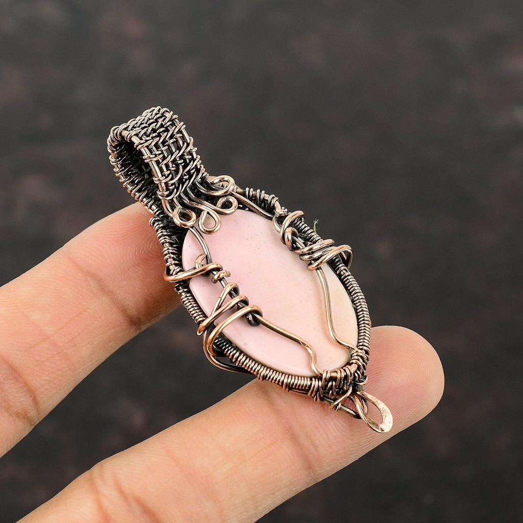Rosa Opal Anhänger Kupferdraht gewickelter Anhänger Edelstein Kupferschmuck Handgefertigt Designer Anhänger Drahtwicklung Rosa Opal Schmuck Anhänger Zum Geschenk