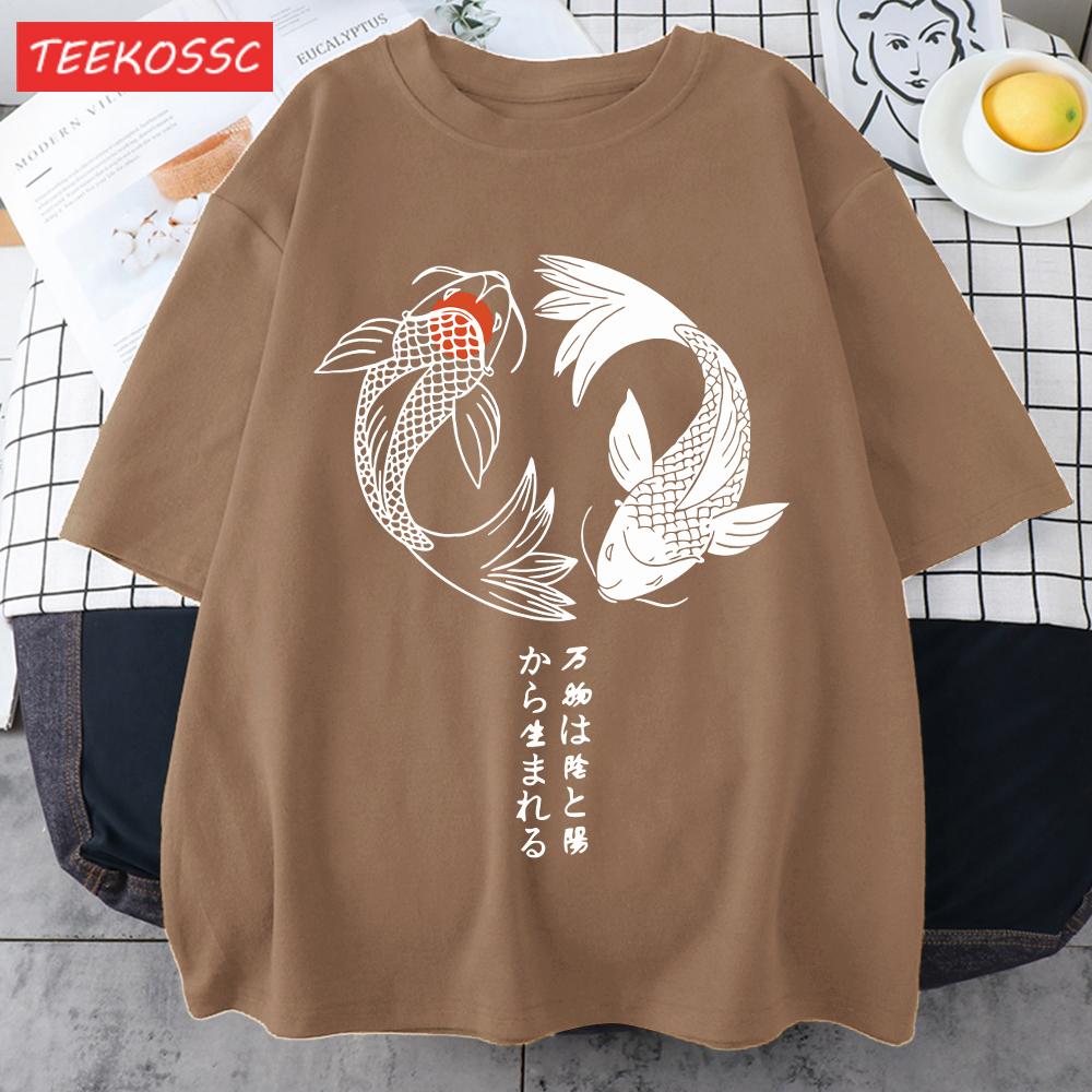 Two Koi Fish Swimming In Waterprint Men TShirts Cotton AllMatch T Shirt Comfortable Crewneck Tops Loose Unisex Summer Clothes
