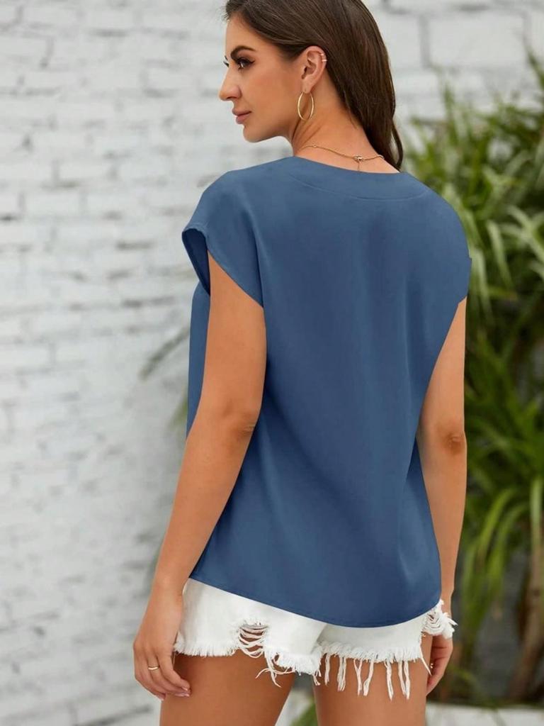 Women's V Neck Chiffon Blouse Cap Sleeve Loose Fit Solid Work Office Top