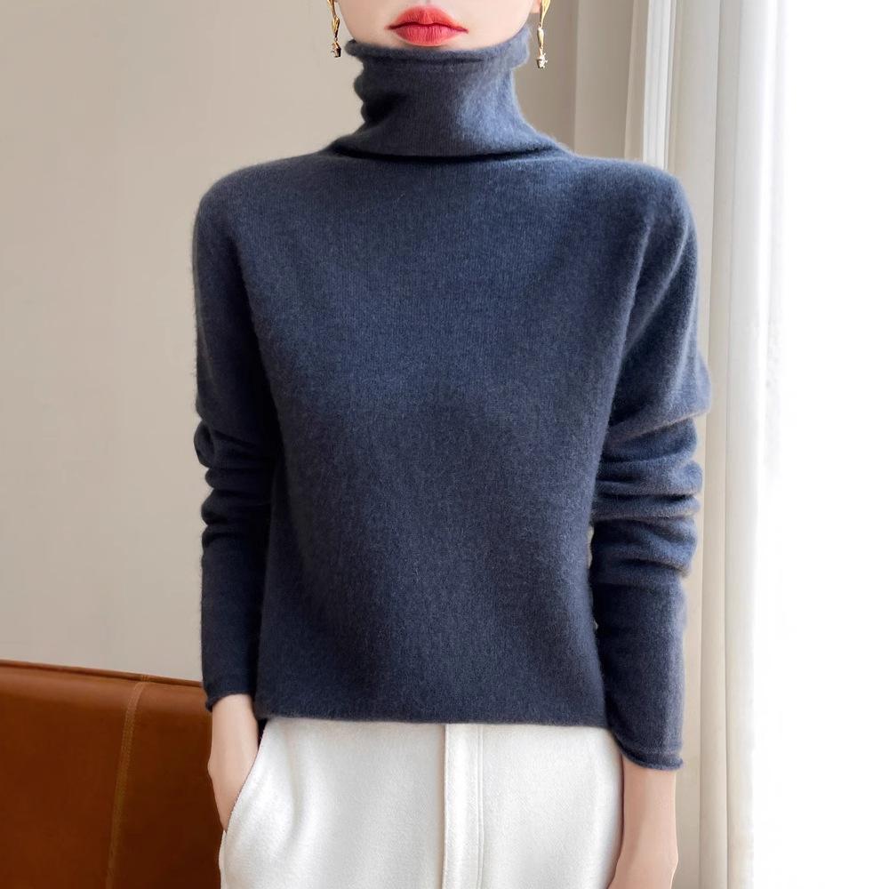 Women's 100% Wool Rolled Edge Turtleneck Sweater - Loose Fit Pullover Knit Base Layer