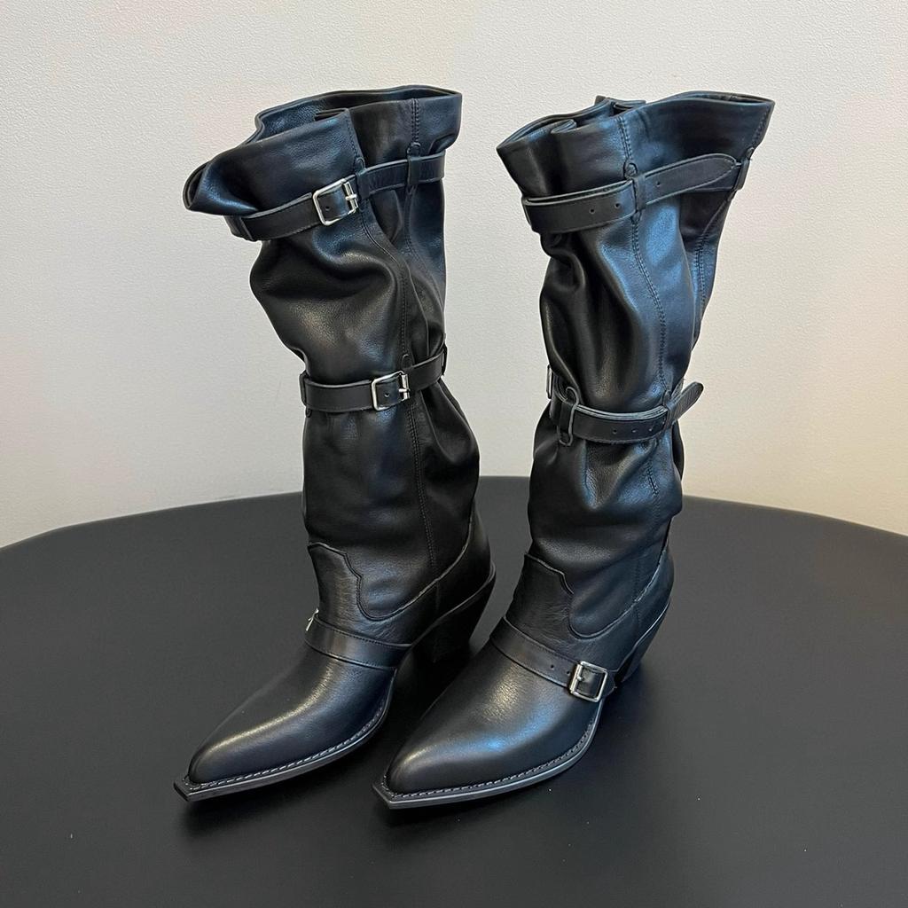 Fashion 2025 Autumn New Suede Leather Knee-High Boots Women Pointed Toe Chunky Heels Long Boots Fashion Belt Buckle Knight Botas Mujer