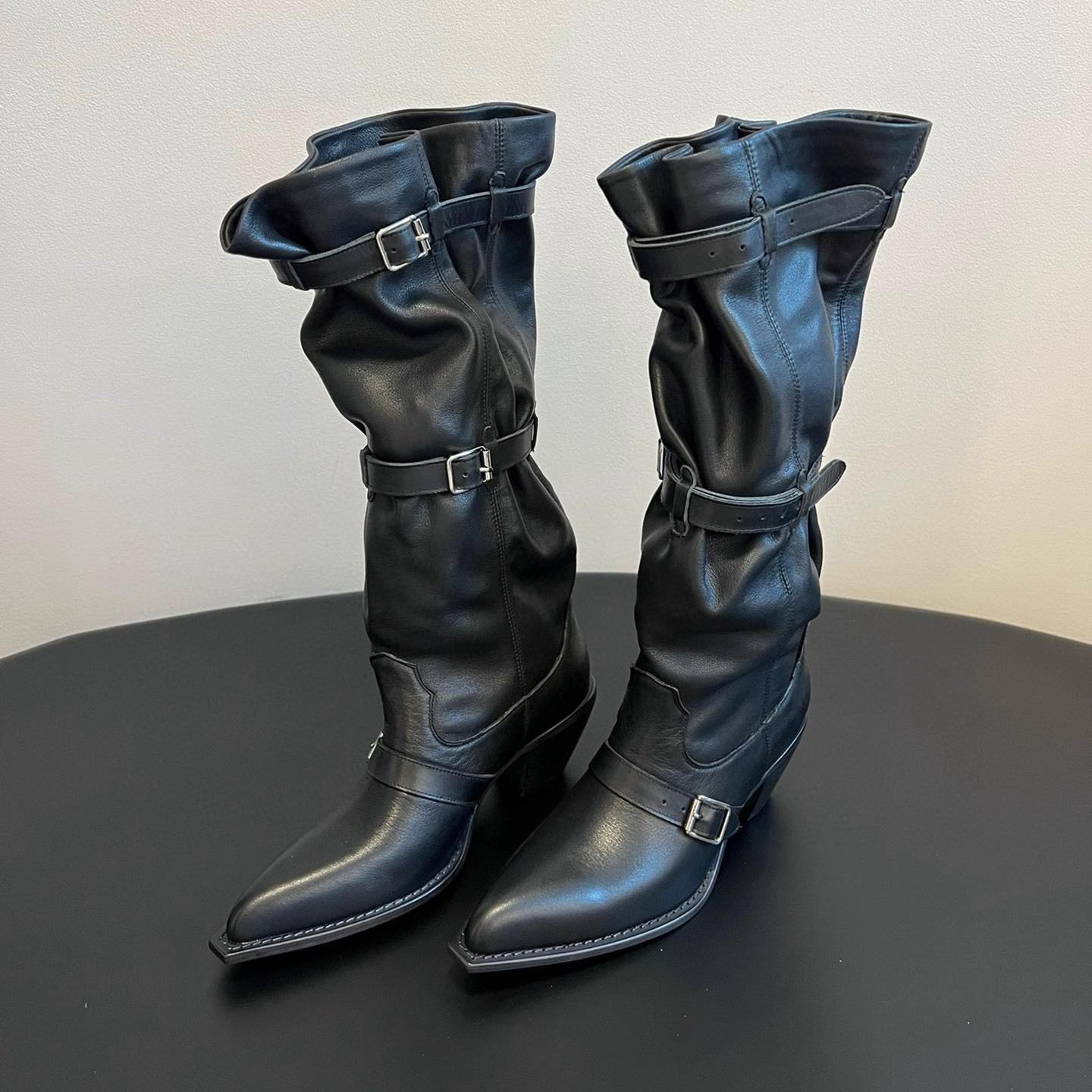 

2025 Autumn New Suede Leather Knee-High Boots Women Pointed Toe Chunky Heels Long Boots Belt Buckle Knight Botas Mujer 35 чёрный