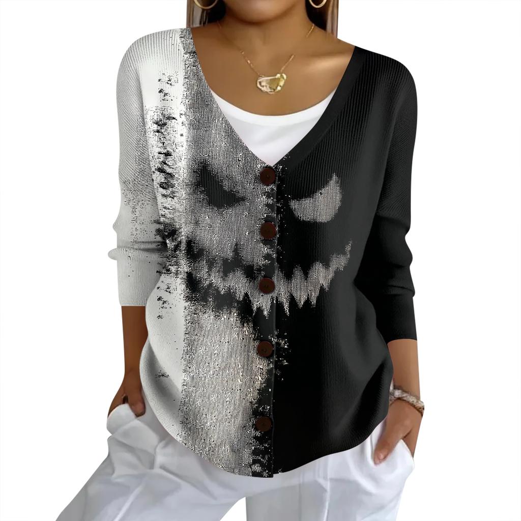 Women's Fashion Casual Knit Sweater Button-Up Halloween Printed  Cardigan Jacket
