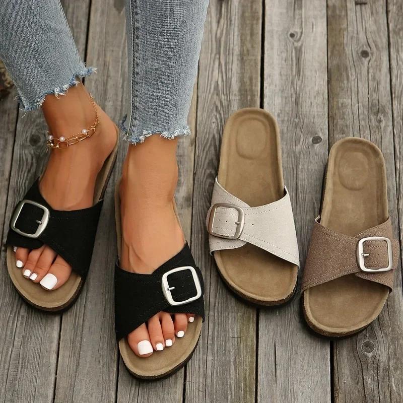 Fashion 2025 Summer Hot Selling Women's Shoes Fashion Solid Color Open Toe Flat Ladies Slippers Solid Color Mid Heel Buckle Beach Shoes