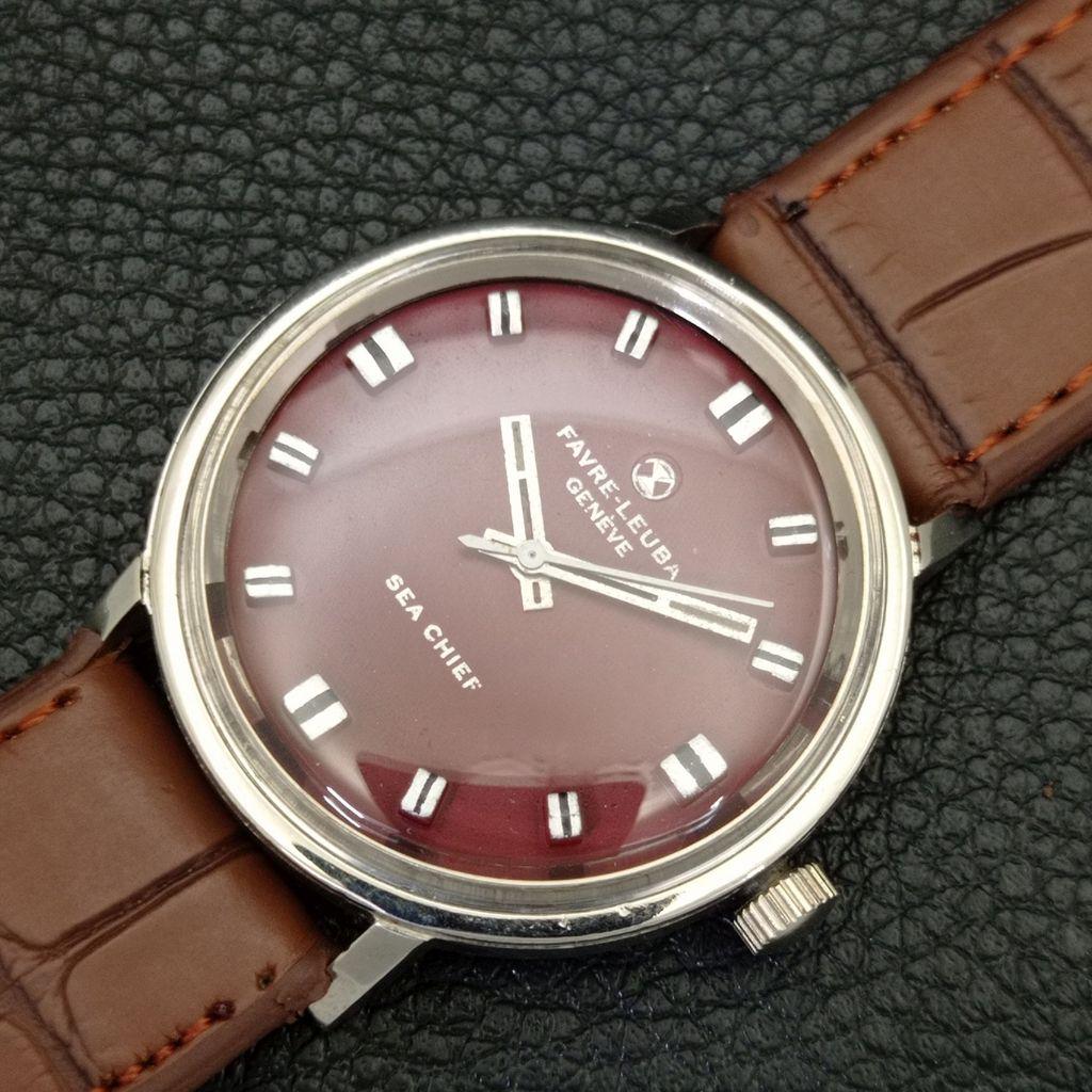 HAND-WINDING VINTAGE FAVRE LEUBA 253 SEA CHIEF SWISS MENS BROWN WATCH A702047-5 R208-a702047